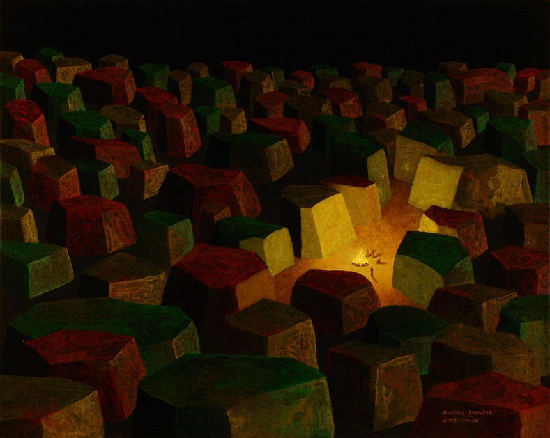 People In The Wilderness At Night - painting by artist Russell Spencer