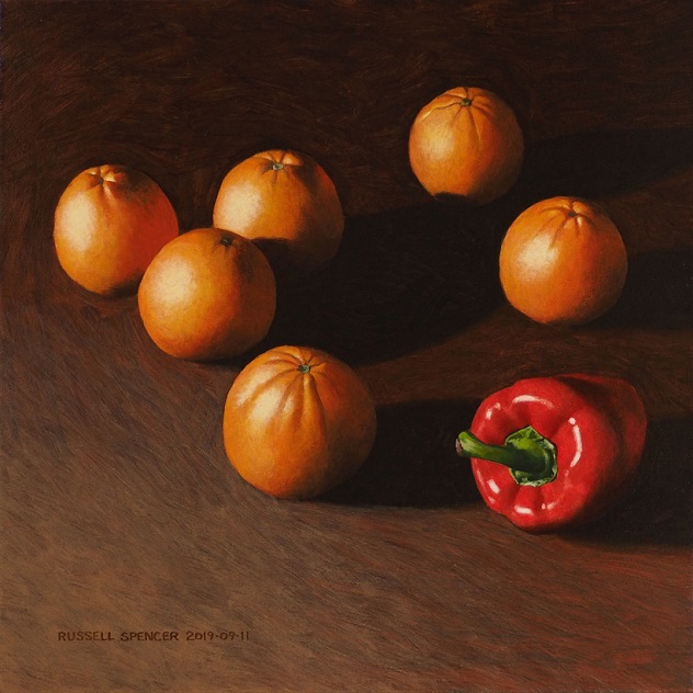 Six Oranges and a Capsicum by artist Russell Spencer