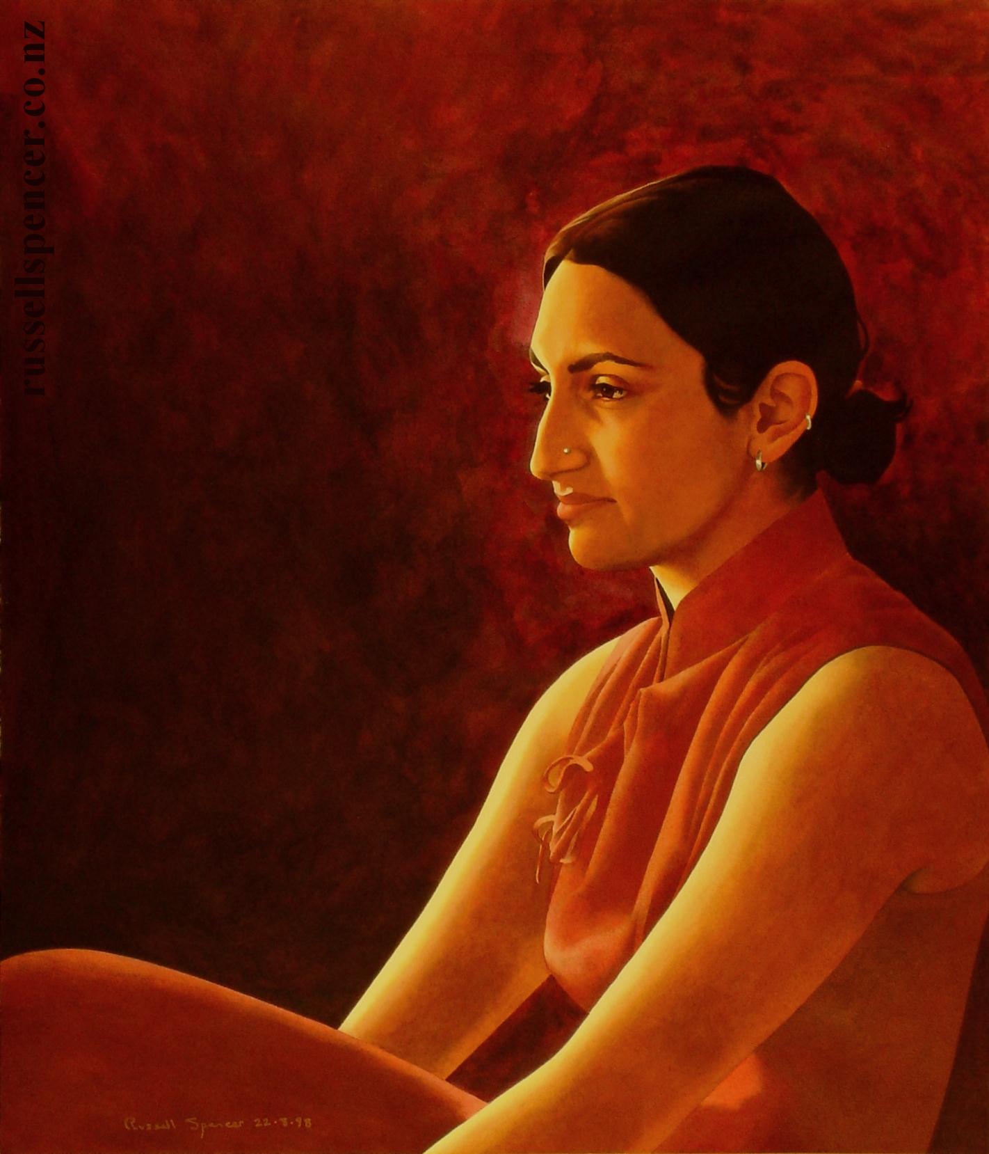 Cheryl In Red - painting by artist Russell Spencer (Large)