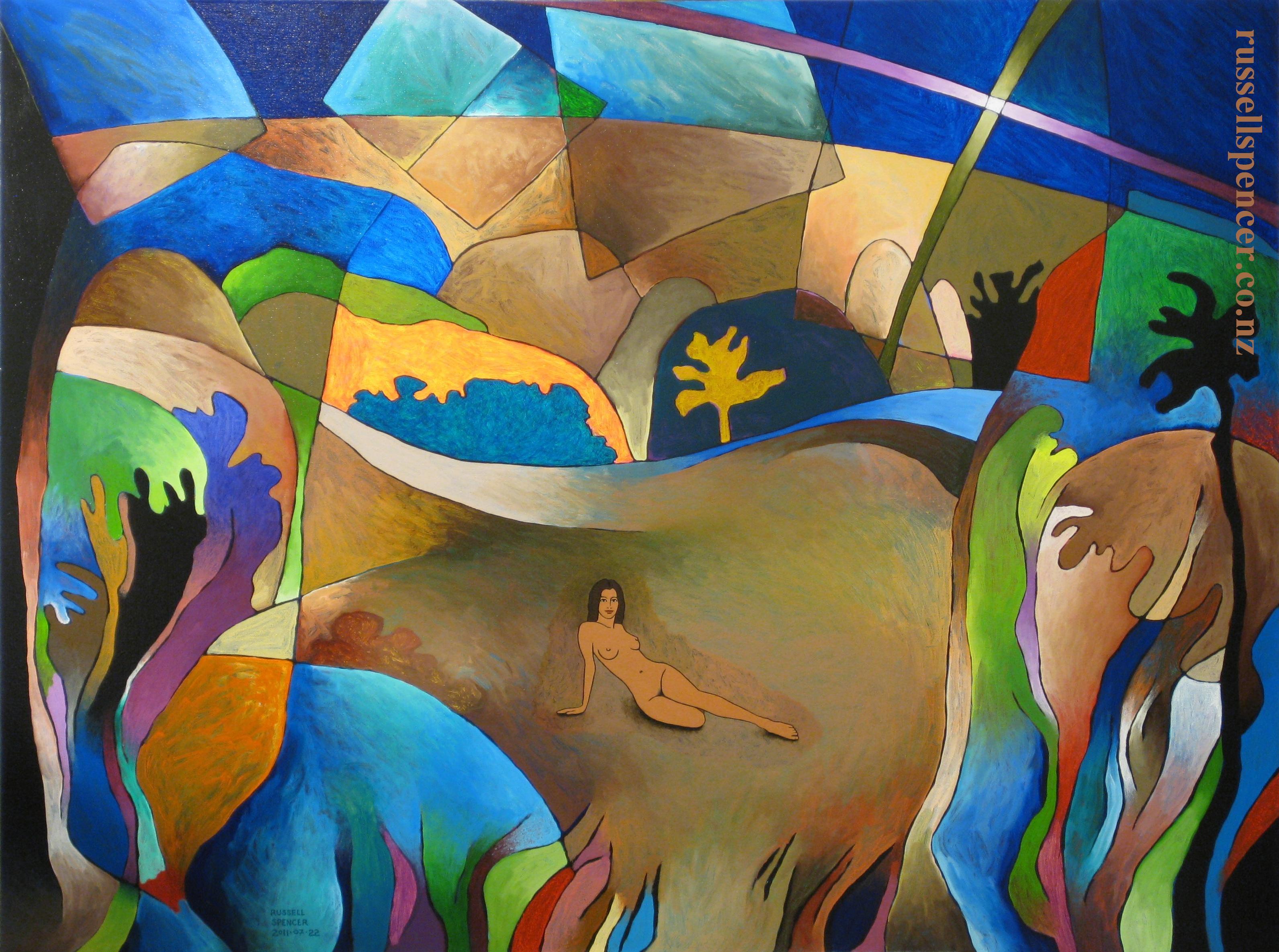 Small Nude In Large Landscape - painting by artist Russell Spencer (Large)